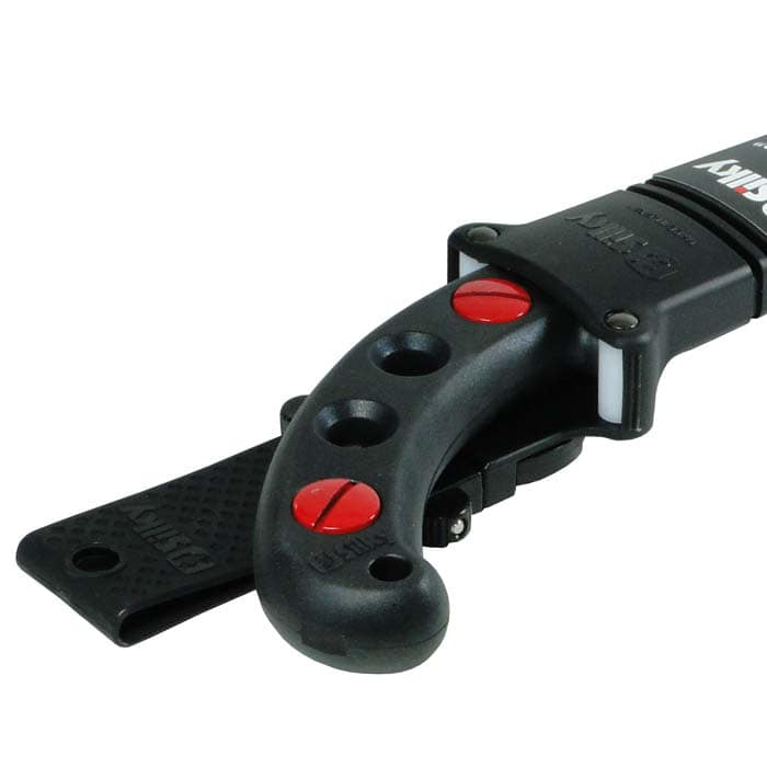 Close-up of the black handle of the Gomtaro 300-8 saw with red screws and part of the black plastic sheath with the white brand Silky