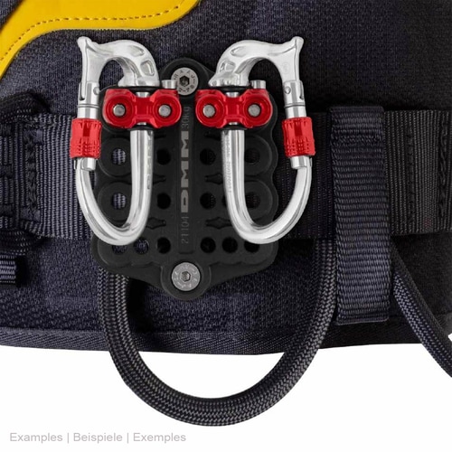 DMM Parking Lot, black plate with several round holes, attached to a strap with two silver carabiners with red clasps