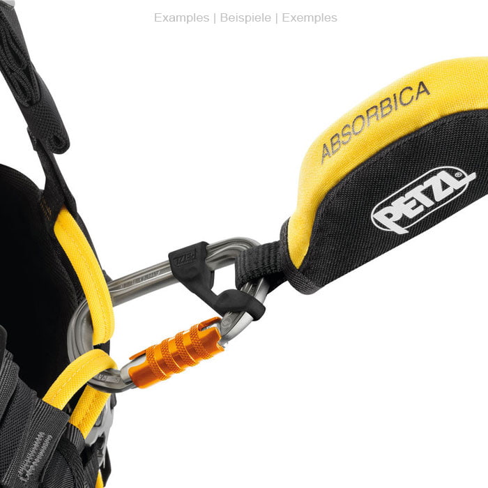 Petzl Captiv, black plastic part on a silver carabiner, attached to a yellow and black strap with the inscription PETZL and ABSORBICA