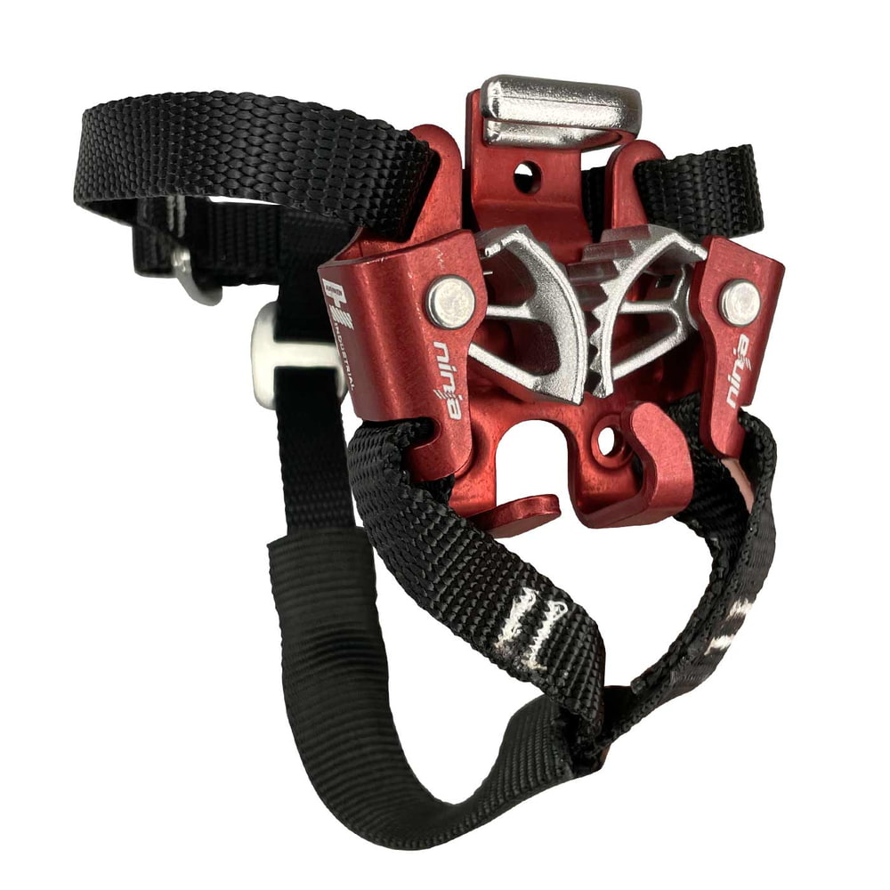 Ninja foot ascender in red with black straps and silver metal spikes, manufacturer name Ninja visible, different perspective