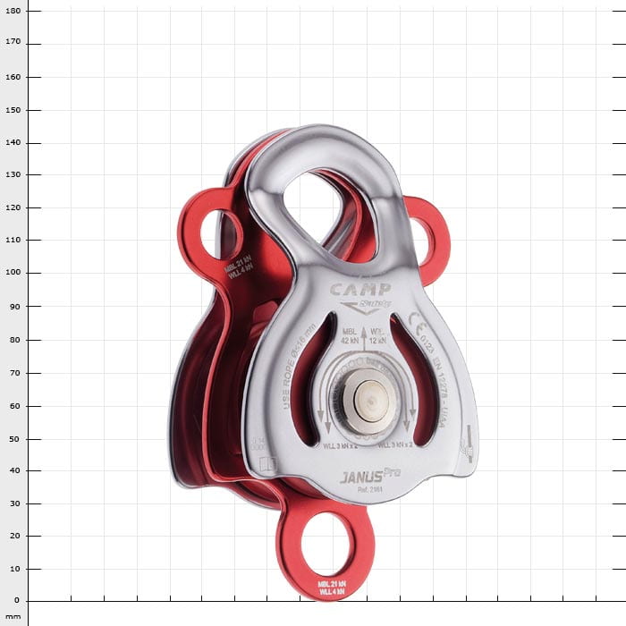 Janus Pro by CAMP, a silver and red metal pulley block with three mounting lugs and visible technical specifications on the front
