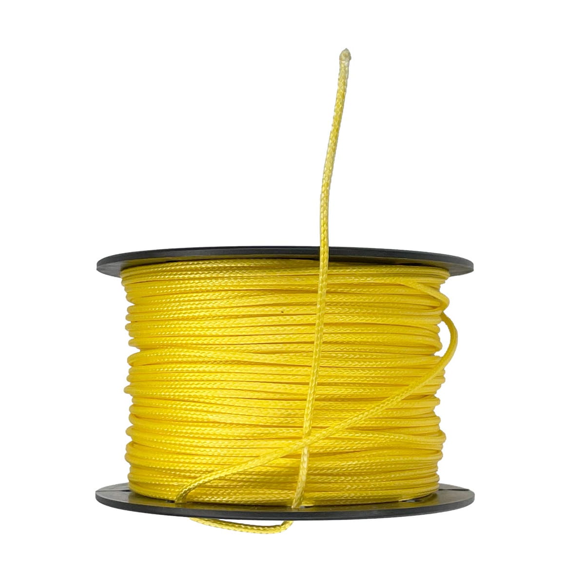 Topline Fusion yellow line on black spool from the side with visible loose line end