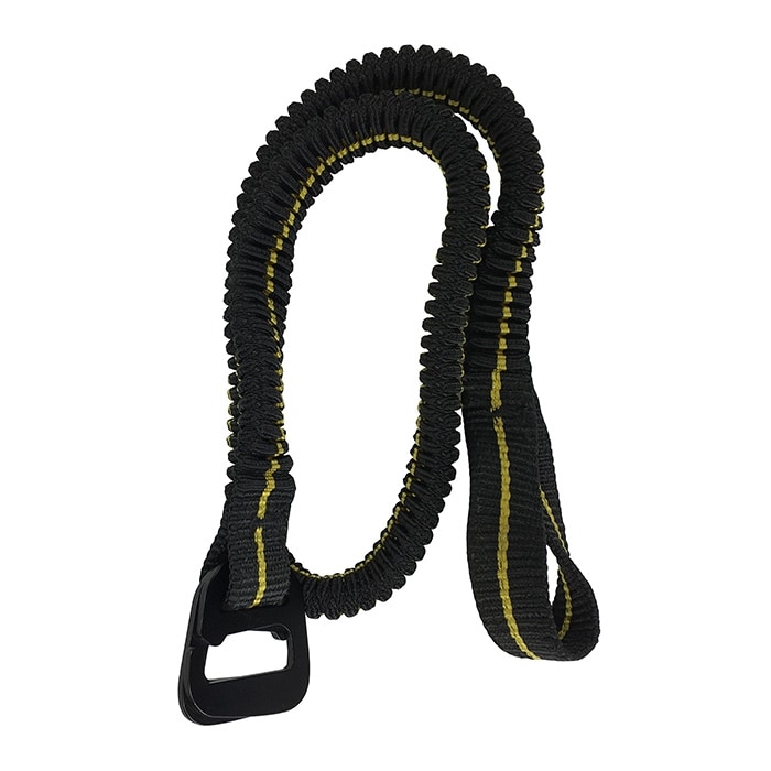 Knee Ascent Bungee, black elastic band with yellow stripes and black plastic closure
