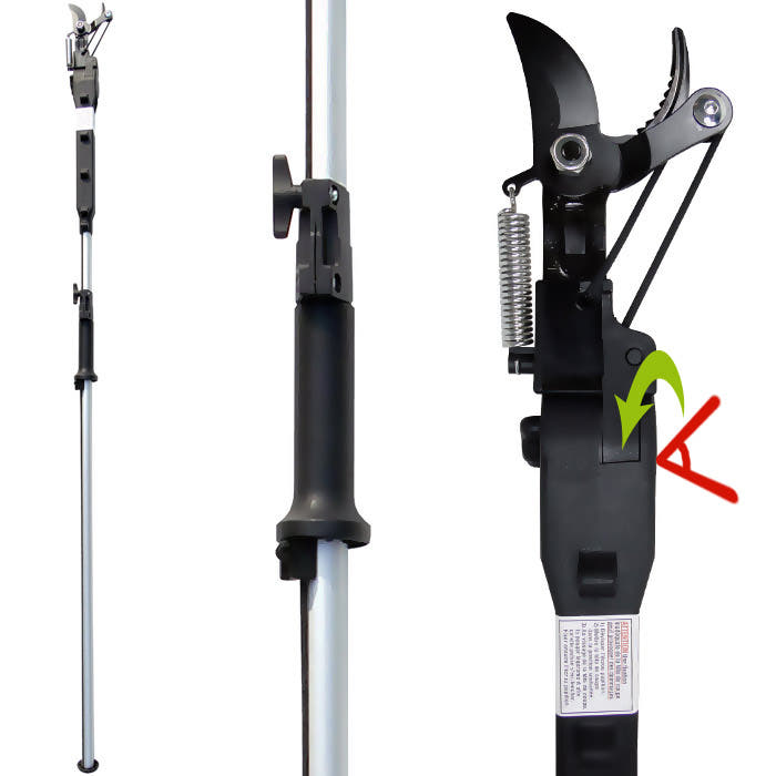 TB-5 Telescopic rod with black handle and cutting head, detail view of handle and cutting head with green arrow and red cross on white background