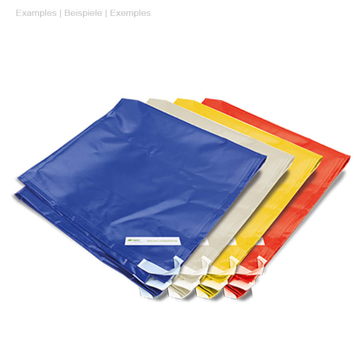 Tow blanket in four colours (blue, beige, yellow, red), each folded, rectangular, with white label on the corner