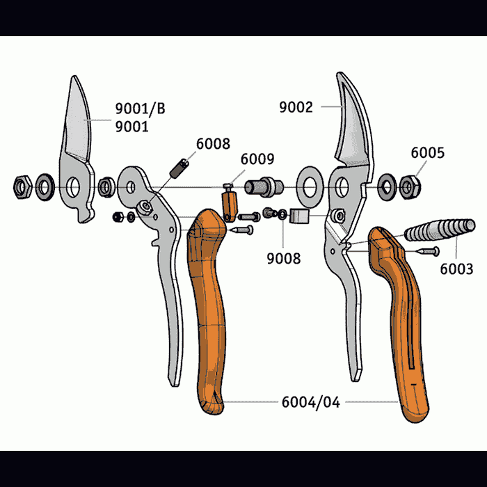 Exploded view of the Bypass 9.104 secateurs with numbered parts and orange handles, manufacturer Original Lion