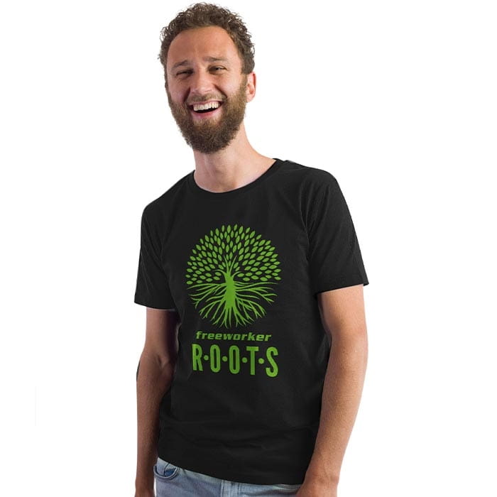 Man with beard wearing black t-shirt with green tree and root design and lettering "freeworker ROOTS" on the front, product name Roots Pure Men