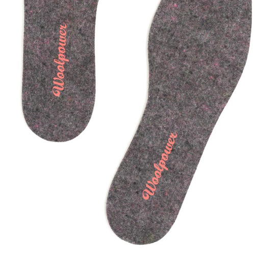 Felt Insoles by Woolpower, grey felt inlays with pink Woolpower lettering on a white background