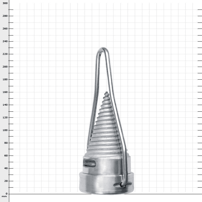 Ratchet wedge made of metal with spiral cone and integrated bracket from the front against a checkered background
