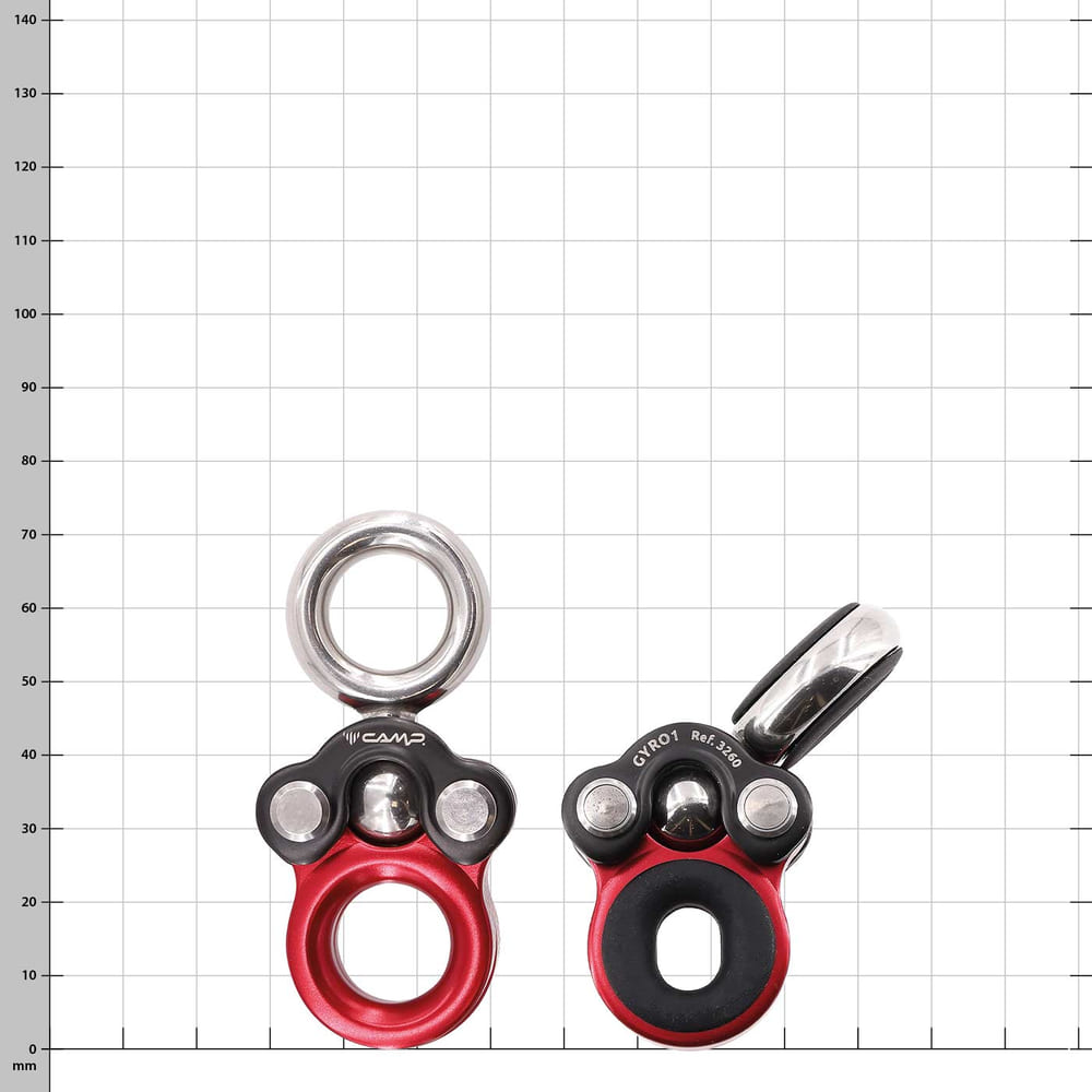Gyro 1 by CAMP, two red and black metal pieces with silver rings on a checkered background