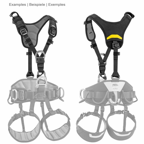 Top by Petzl, two views of the black shoulder strap with grey and yellow padded backrest, in the background shown in grey a complete climbing harness with leg and hip straps