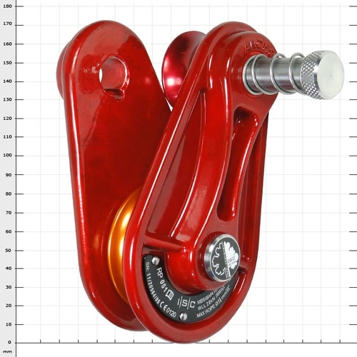 Blockbuster pulley, red metal construction with orange pulley, silver knob and fastening eyelet, against a white background with grid measurements