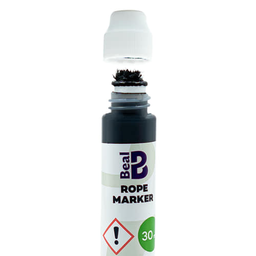 Beal Rope Marker bottle with open white lid, visible is a black felt applicator, 30 ml content, on a white background