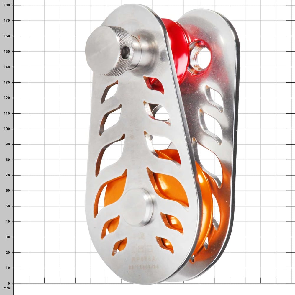 Fire-Block pulley with silver metal housing and orange pulley, manufacturer ISC, type RP056A