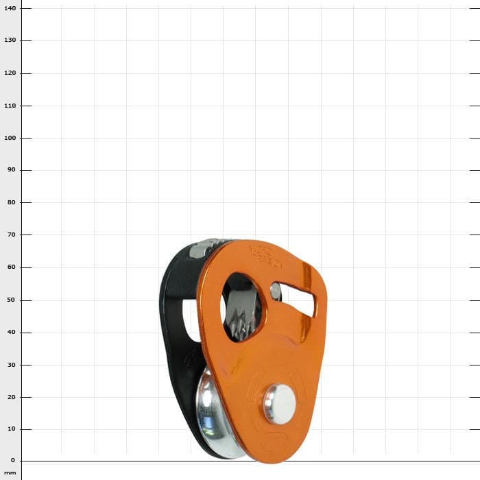 Micro Traxion, orange and black pulley with metal wheel and lever mechanism