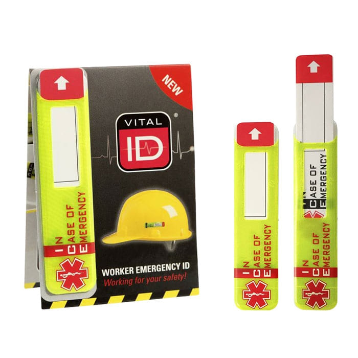 Vital ID Emergency ID yellow with red arrow and text "IN CASE OF EMERGENCY" and packaging with yellow helmet, manufacturer Vital ID