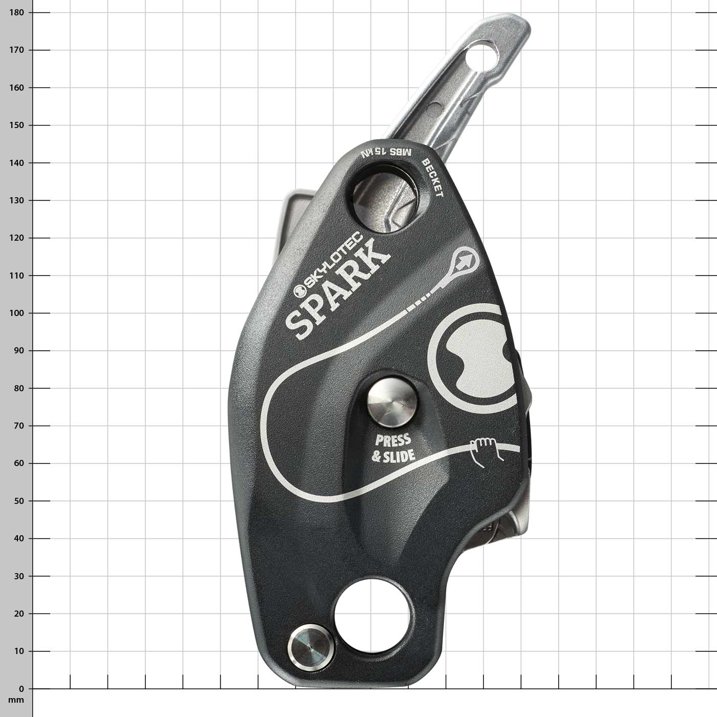 Black device with silver lever and imprint "Skylotec Spark" with white lines and symbols, button with the inscription "Press & Slide"