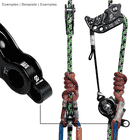 Rise-Up by FTC TREE, black metal part with two round openings, attached to colorful climbing ropes and carabiners