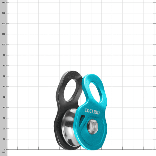 Edelrid Flux, pulley with blue front part and black rear part, with metal axle and round hole at the top