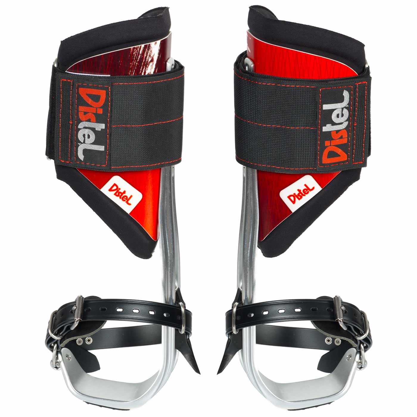 Distel Alu PLUS Classic by Distel, two red aluminum stirrups with black Velcro straps and black straps
