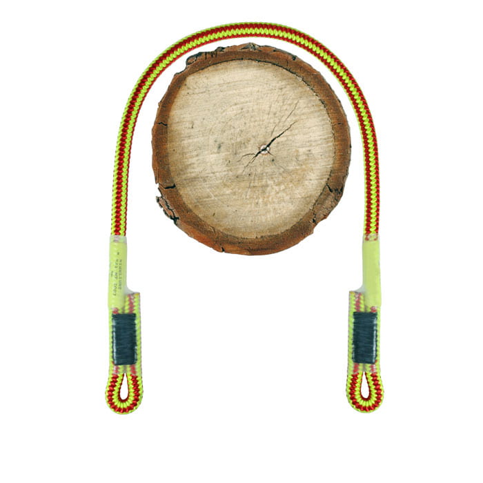 XP-e lanyard, red and yellow rope with two loop ends, on a wooden disc background