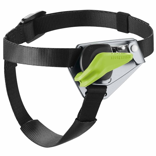 Foot Cruiser L via ferrata set with black webbing and green lever on metal housing