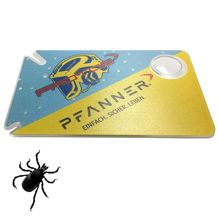 Tick card from Pfanner in blue and yellow with logo and text "PRO TOS" and "EINFACH. SURE. LIFE." with a magnifying glass at the top right