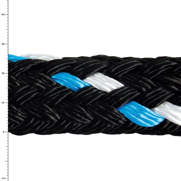 GEFA 8T PA Blue Rope in Black with Blue and White Fibers, Closeup