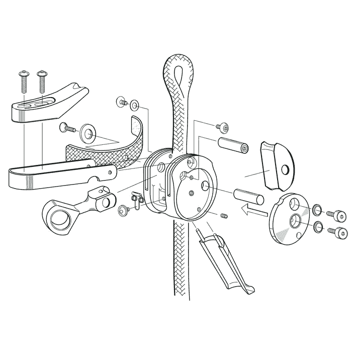 SpiderJack 2.1 Basic by ART, technical drawing in black and white, exploded view of the individual parts and assembly on a rope