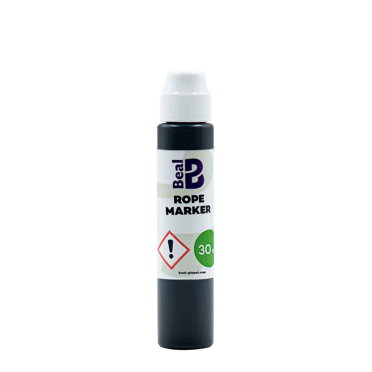 Beal Rope Marker Bottle with White Lid and Black Body, 30 ml Content, on White Background