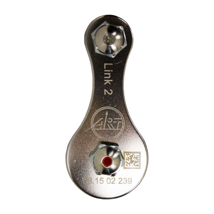 Link 2, silver metal part with two screws and engraved logo on white background