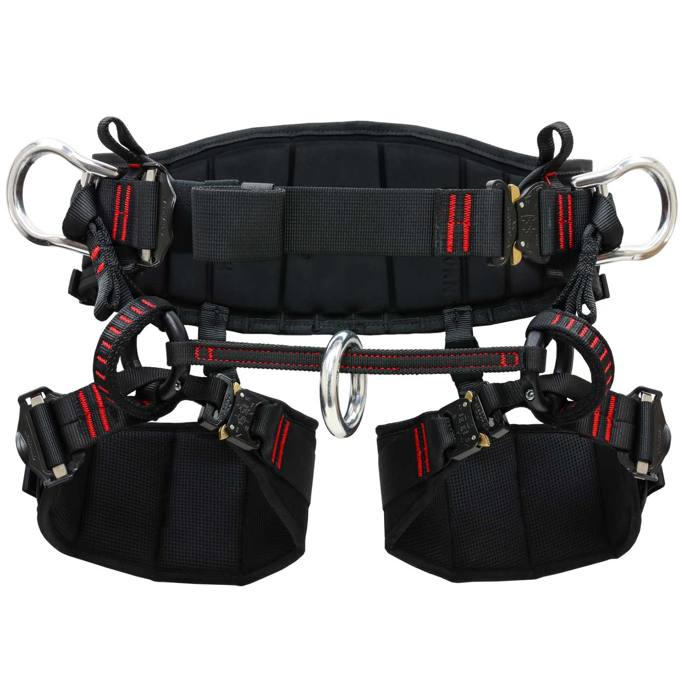 Black climbing harness treeAustria Pro size 3 with red stitching, metal rings and padded leg cuffs from the front