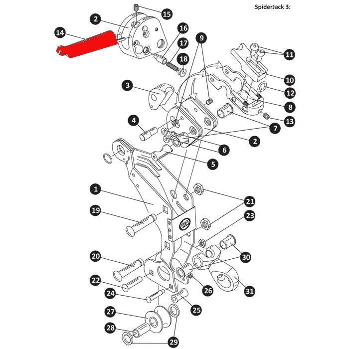 Technical drawing of the SpiderJack 3 with numbered components, release handle marked in red