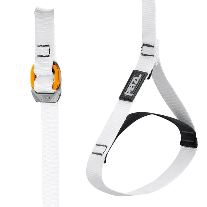 Close-up of the white Knee Ascent Loop Lower band with yellow-gray closure, black PETZL logo and black padding on the lower section of the band