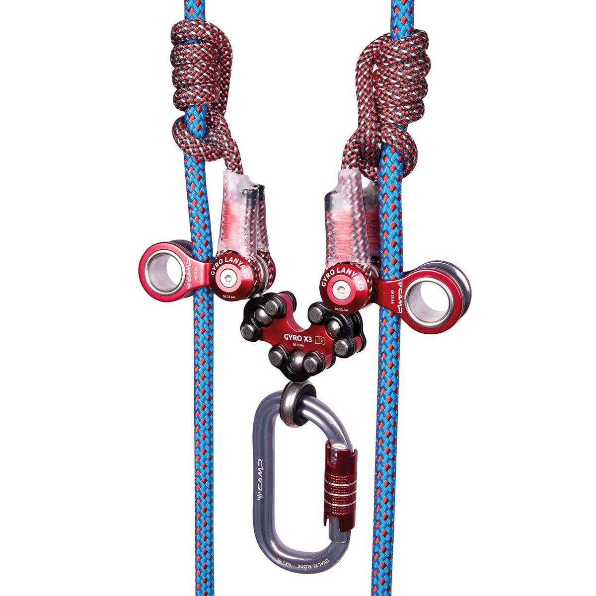 Gyro Lanyard Double with blue and red climbing ropes, red metal rollers, black protective cover and grey carabiner with red clasp