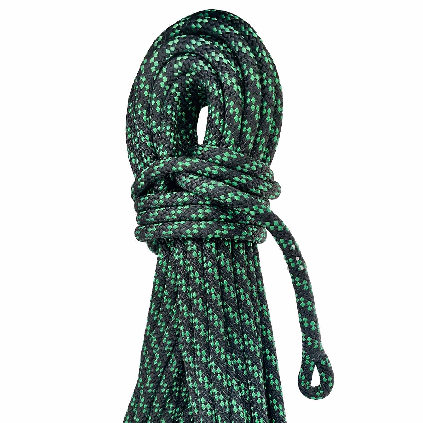 Sirius 10 pulley, black and green rope, rolled up and with a loop at the end