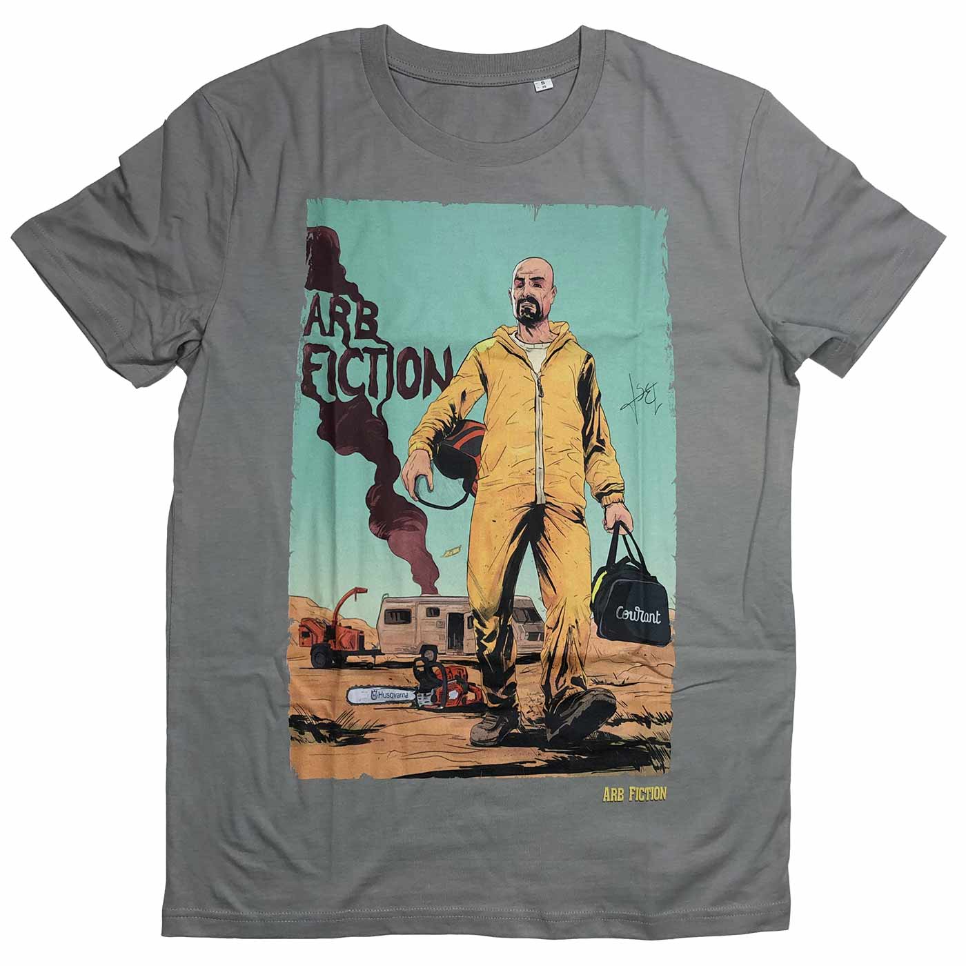 Breaking Bad T-shirt grey with print of a man in yellow hazmat suit holding a helmet and a bag, manufacturer's name not visible