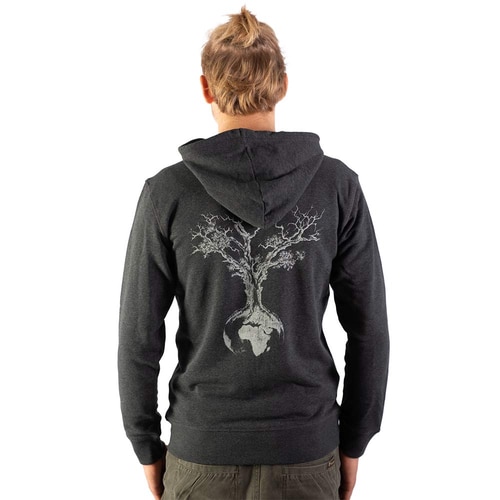 World tree hoodie, back view of a man, dark gray hoodie with large white tree and earth print on the back