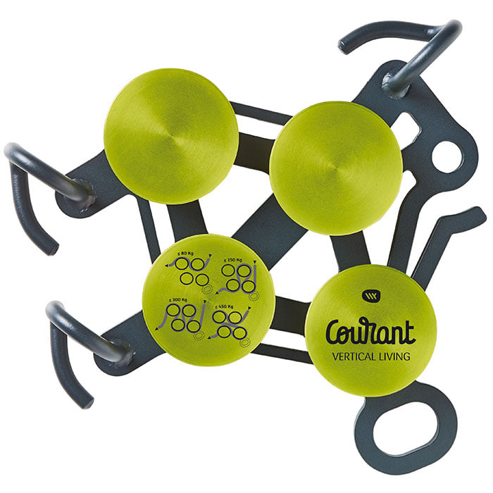 Hulk product with green round elements and black metal frame, on which the inscription "Courant VERTICAL LIVING" and symbols