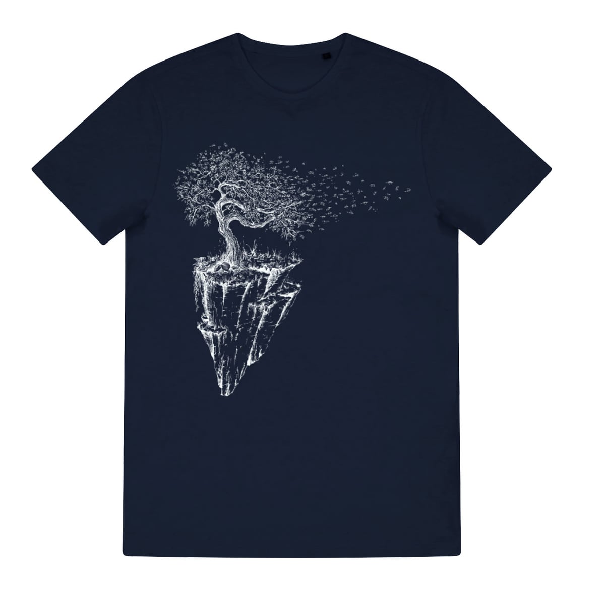 Iceland T-shirt in dark blue with white print of a tree on a floating rocky island