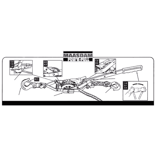 Black and white technical drawing of a rope puller with the inscription "MAASDAM POWER PULL" and several detailed views of hooks, levers and rope ends