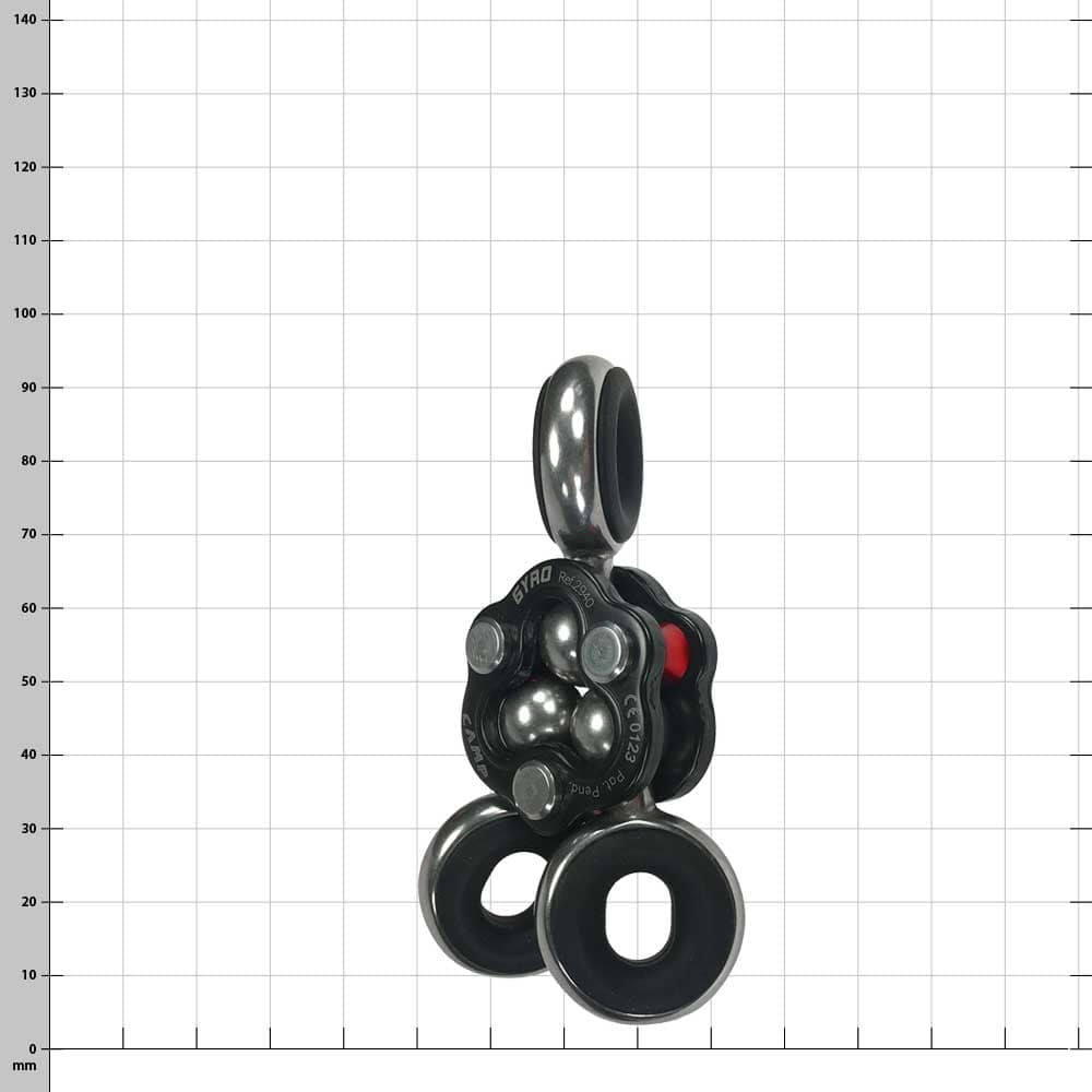 Gyro 3, manufacturer CAMP, side view of the black and silver metal component with three ring-shaped openings and visible ball bearings, against a checkered background