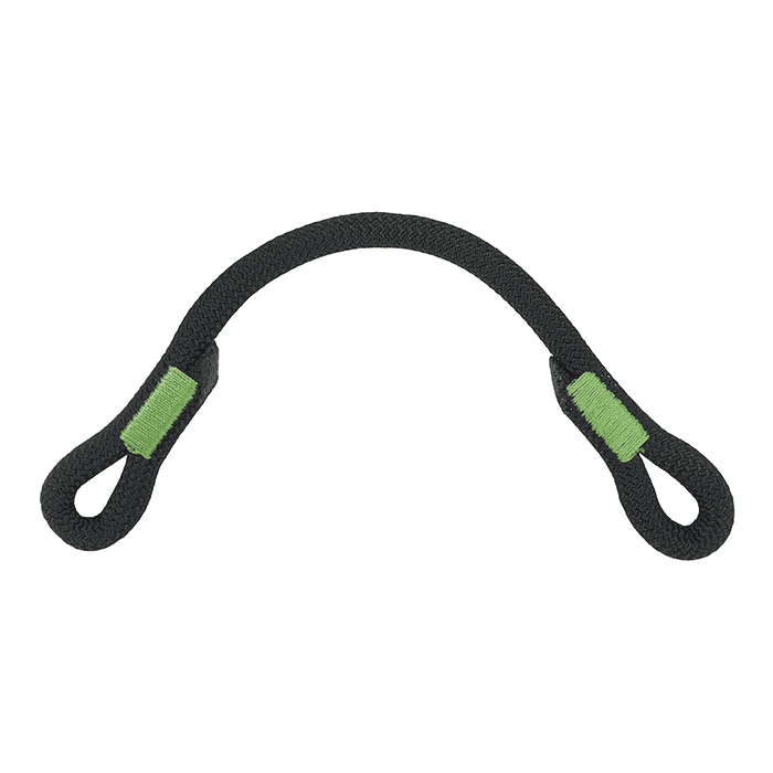 Treewor retaining bar, a single black loop with green stitching, the largest of the individual loops