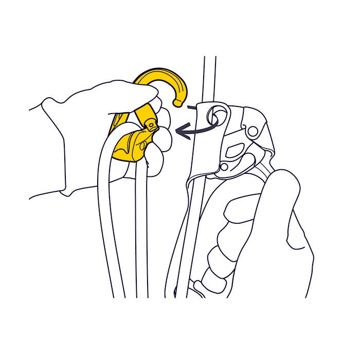 Black and white drawing of a hand attaching a yellow Rollclip Z Triact-Lock carabiner to a belay device