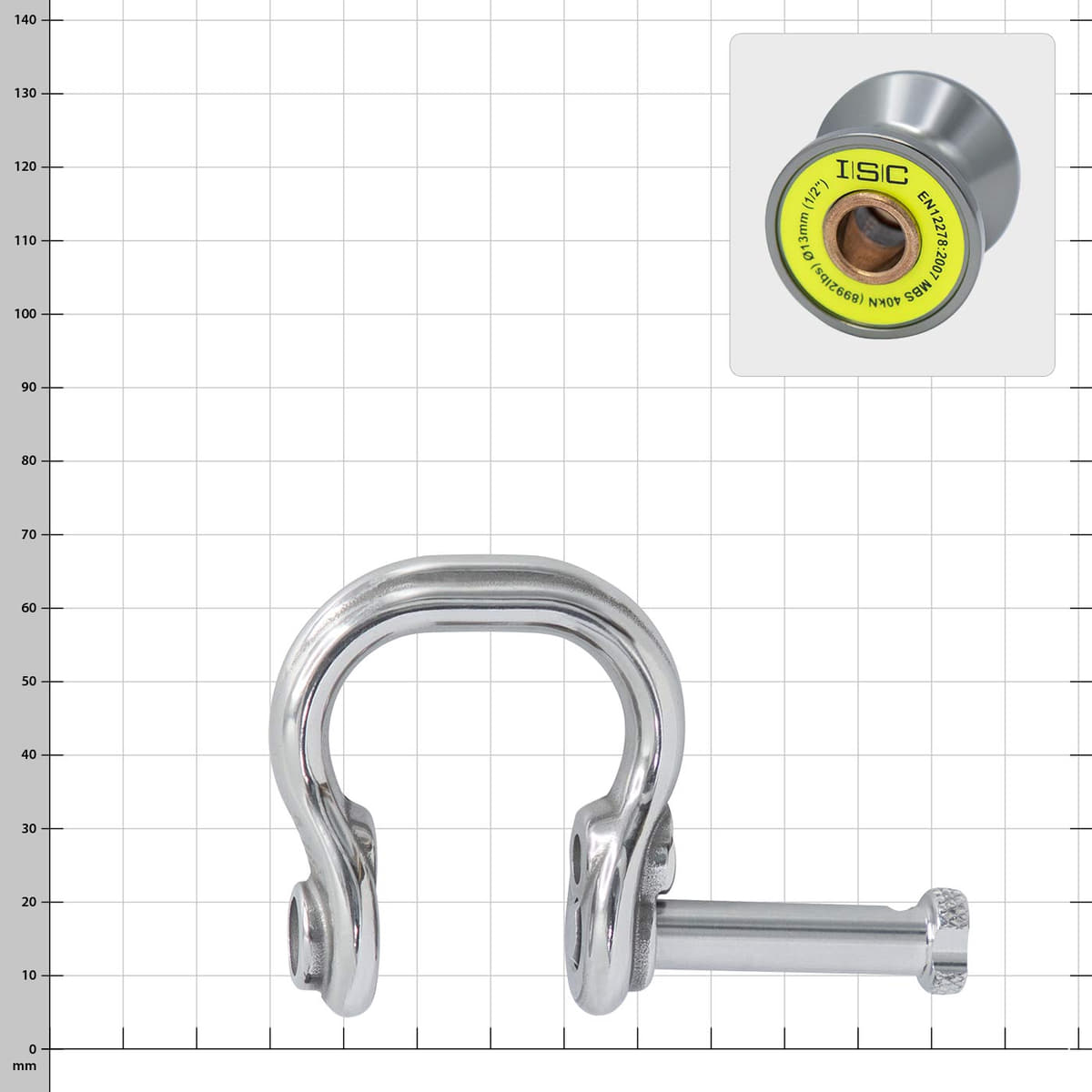 Ultra Link Large by ISC, silver shackle with unscrewed bolt and yellow marked button