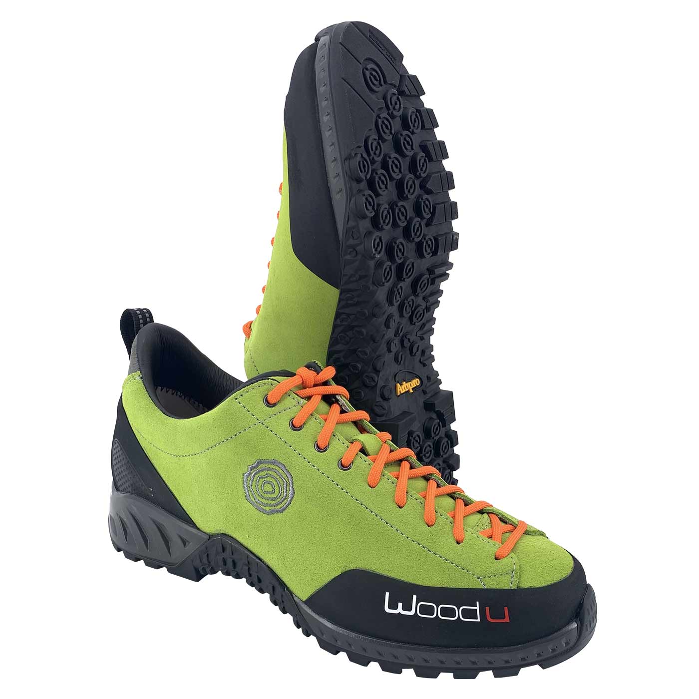 Woodu Leaf green with orange laces, left shoe shows profile sole with nubs, manufacturer Woodu