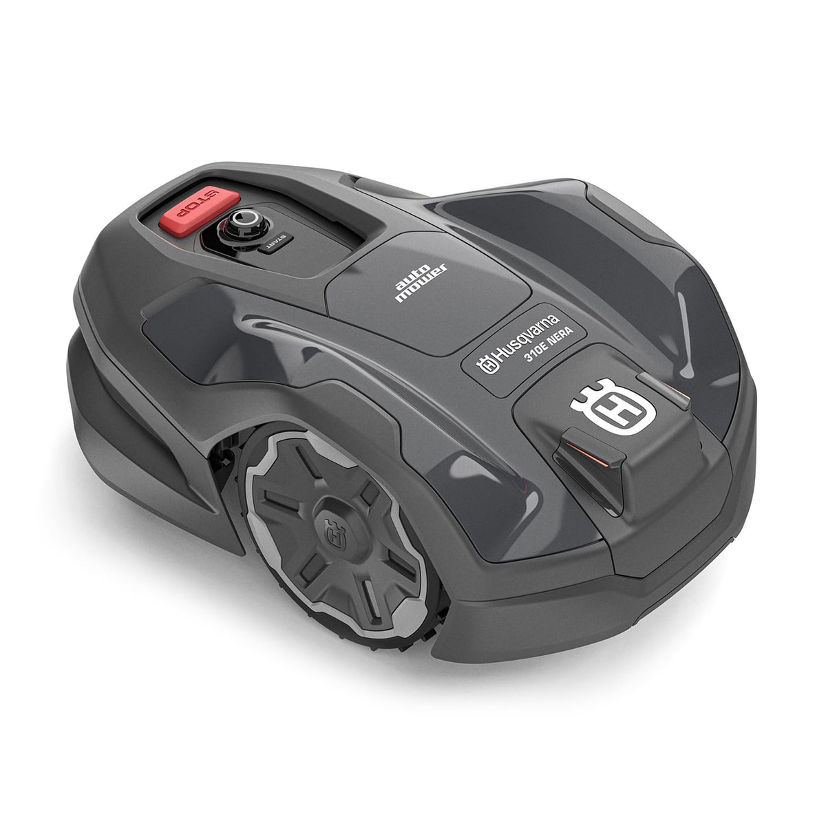 Grey Husqvarna 310E Nera Robot Lawn Mower with Large Wheels and Red Stop Button on the Top Left