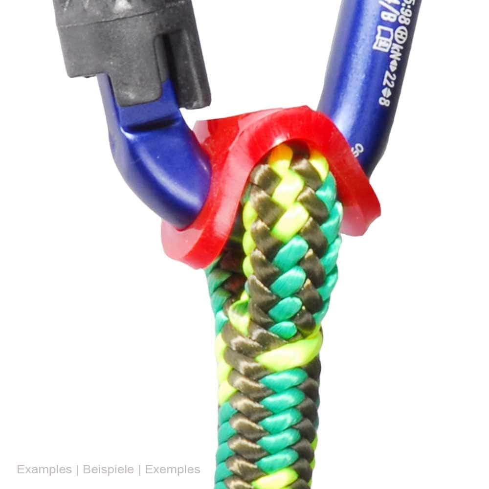 Pinch red plastic part holding a blue metal part and a multi-colored braided rope, white prints are also visible on the blue metal part