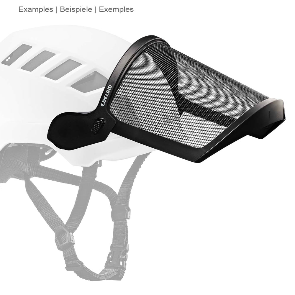 Edelrid Visor Mesh with black frame and mesh fabric attached to the white helmet in side view