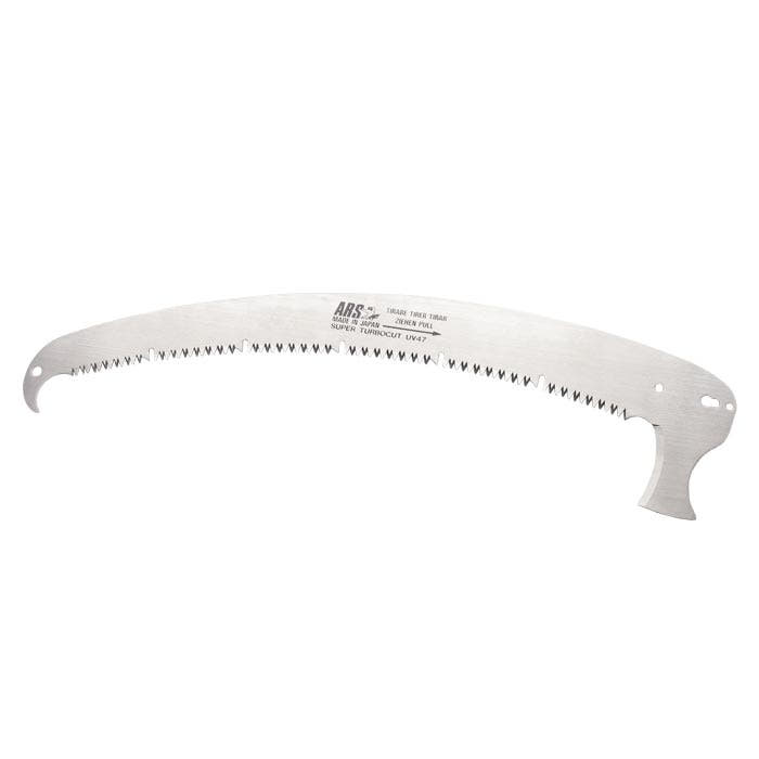ARS Tele saw blade from ARS, curved metal blade with serrated edges and hook at the left end, right side with handle mounting holes and short handle
